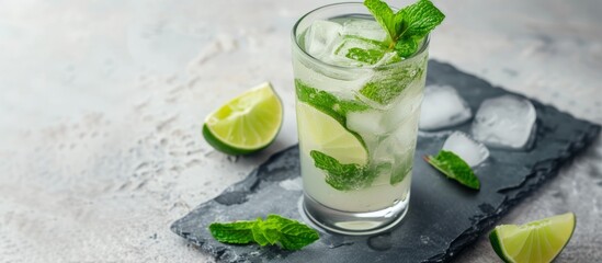 Wall Mural - Lime and mint-infused mojito served in a tall glass on a grey stone surface.