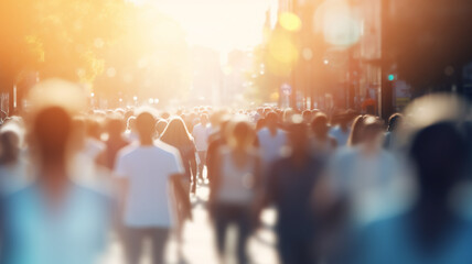 Wall Mural - crowd of people on a sunny summer street blurred abstract background in out-of-focus, sun glare image light