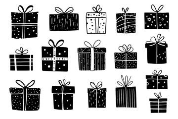 Wall Mural - Presents vector illustration. Gift boxes for christmas or birthday in style of hand drawn black doodle on white background. Giftboxes silhouette sketch