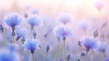 Delicate Blue Flowers, Soft Pastels, Cornflowers In The Morning Mist On A Wild Field
