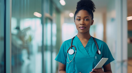 Sticker - confident young female healthcare worker in blue scrubs with a stethoscope around her neck