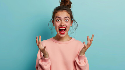 Poster - young woman with a surprised and excited expression, her mouth open wide, hands raised, wearing a pink sweatshirt, with her hair in a bun, against a teal background