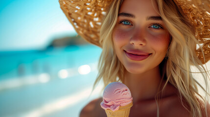 Wall Mural - Beautiful smiling young woman eating an ice cream on a beach with the sea in the background