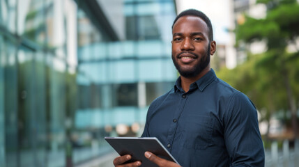 Canvas Print - man smiling and engaging with a tablet