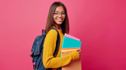 Sticker - young woman with glasses is smiling at the camera, wearing a yellow sweater and a red backpack, holding colorful books against a vibrant pink background