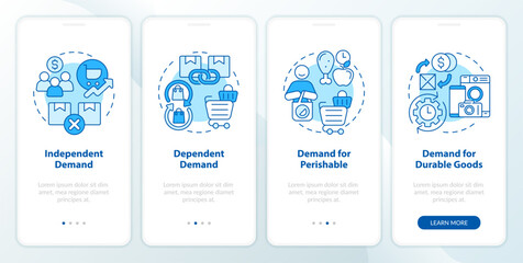 Wall Mural - Demands analytics blue onboarding mobile app screen. Demands type walkthrough 4 steps editable graphic instructions with linear concepts. UI, UX, GUI template. Myriad Pro-Bold, Regular fonts used
