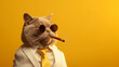 Funny cat in sunglasses with a cigar.