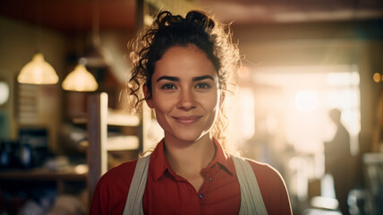 Wall Mural - Beautiful young Spanish woman shop owner.