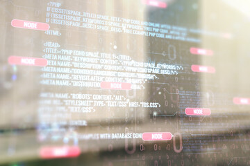 Wall Mural - double exposure of abstract creative programming illustration on contemporary business center exteri