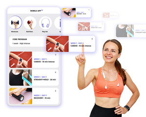 sporty woman in sportswear choosing fitness workout in mobile app. virtual screen infographics and f