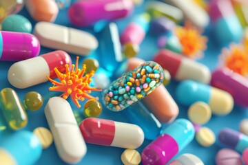 Wall Mural - Medicine, pills, capsules, treatment and medication for illnesses. Pharmaceutical healthcare drugs, vitamins antibiotics. Health care in hospitals and pharmacies. White tablets risks in medical care.