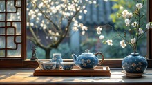 Springtime Tea Party A Blue And White Tea Set On A Table Generative AI