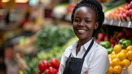 Sticker - portrait of a smiling supermarket worker standing Infront of vegetables and fruits 