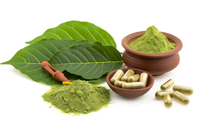 Kratom or Mitragyna speciosa green leaves, powder and capsule isolated on white background 