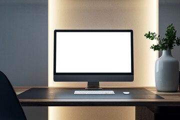 Chic office setup with backlighting, wooden desk, and plant, against a textured wall. 3D Rendering