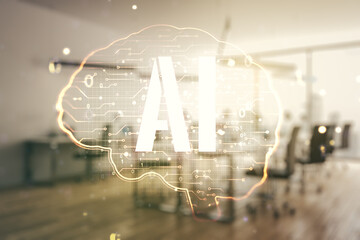 Wall Mural - Virtual creative artificial Intelligence hologram with human brain sketch on a modern furnished classroom background. Double exposure