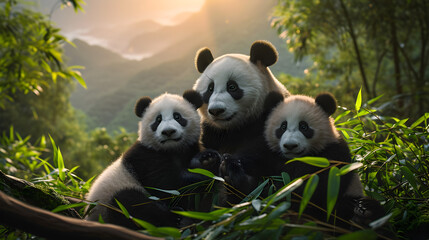 panda bear family at the rain forest with setting sun shining. group of wild animals in nature.