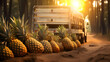 Cargo truck carrying pineapple fruit in a plantation with sunset. Concept of food production, transportation, cargo and shipping.