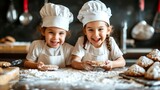 Fototapeta  - Joyful family with playful kids enjoying baking delicious cookies together in their home kitchen