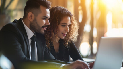 Two professionals are collaborating over a laptop in a well-lit office space.