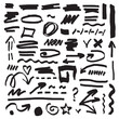 Handmade marker strokes. Marker lines, marker stripes and highlight elements, vector illustrations of permanent markers in the form of check marks, heart, arrows with different direction. Attractive v