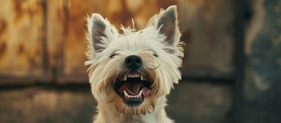 Wall Mural - A West Highland Terrier making a young woman or teenager laugh and squint by licking their face.