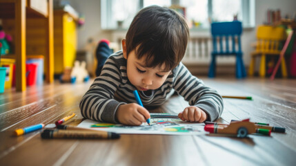 Canvas Print - young child is lying on the floor, focused on coloring a drawing with various colored pencils scattered around.