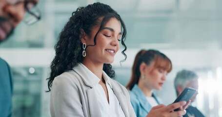 Poster - Typing, woman and phone with business people in office for communication, reading text message or notification. Happy, person and entrepreneur with smartphone in boardroom for mobile chat or internet