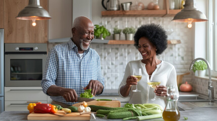 Poster - elderly couple is joyfully preparing food together in a modern kitchen.