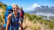 © Andrei - Joyful couple on a mountain hike, with a stunning city and mountain vista, smiling at the camera