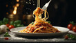 A close up shot of a fork lifting a delicious twirl of classic spaghetti from a plate and showcasing the timeless beauty of traditional Italian pasta