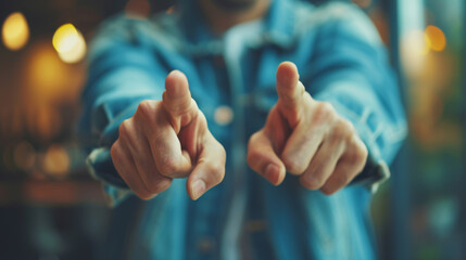 person in a denim jacket is pointing directly at the camera, with the focus on the pointing finger and the background blurred.