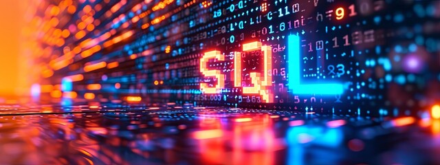 The abbreviation 'SQL' shines in neon on a cybernetic data stream background