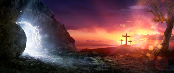 Wall Mural - Resurrection - Crosses On Hill And Empty Tomb With Bright Light At Morning - Abstract Glittering In The Cave And Abstract Flare Effects In The Sky