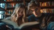 © artem - A young man and woman closely read a book together in a cozy library