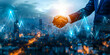 © Bartek - Successful business merger handshake with upward graphs symbolizing growth and teamwork in a corporate cityscape
