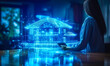 Futuristic real estate concept with a holographic projection of a house and a businesswoman, symbolizing advanced property technology and innovation in the housing market