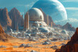 Space colony on distant exoplanet, where humans have successfully established a self-sustaining community, alien landscape with blue sky
