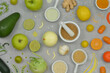 Png: photo mixed with graphics colorful fruits, vegetables, spices on a grey background, kitchen table, flat lay, healthy, vegetarian, fresh ingredients. 