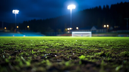 night soccer stadium with grass and sand, blurry silhouette and night lighting