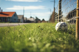 Fototapeta Sport - a soccer ball on the grass next to fences