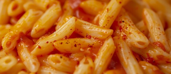 Canvas Print - Close up of stir-fried macaroni with ketchup or tomato sauce.