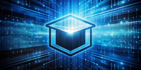 Blue Icon of Education Background with Binary Code and Futuristic Technology Design