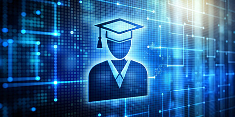 Blue Icon of Education Background with Binary Code and Futuristic Technology Design
