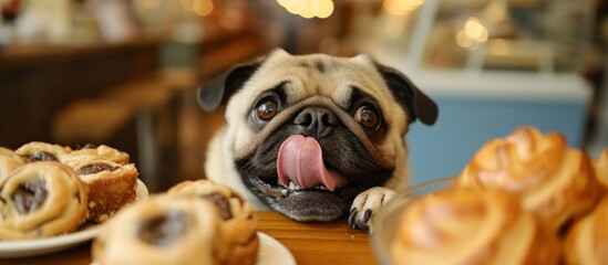 Wall Mural - A cute pug excitedly reaches for pastries on a table, tongue out in anticipation.