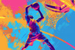 American male basket ball player in action in an abstract colourful painting which could be used as a poster or flyer, stock illustration image 