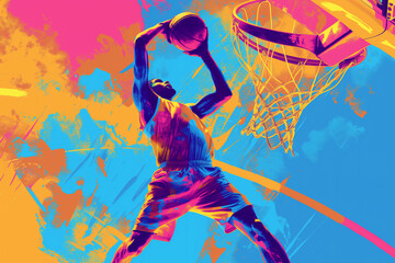 american male basket ball player in action in an abstract colourful painting which could be used as 