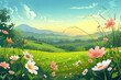 Cartoon meadow spring country meadow landscape background of a springtime green pasture field with a blue summer sky and fluffy summertime clouds, stock illustration image