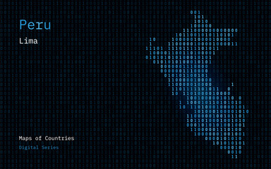 Peru Map Shown in Binary Code Pattern. TSMC. Blue Matrix numbers, zero, one. World Countries Vector Maps. Digital Series
