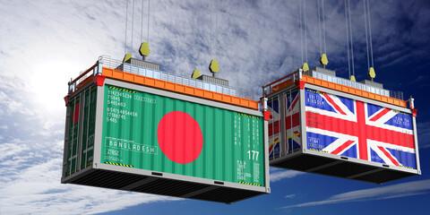 Shipping containers with flags of Bangladesh and United Kingdom - 3D illustration